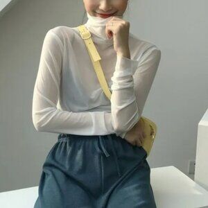 long sleeve white mesh mockneck top
